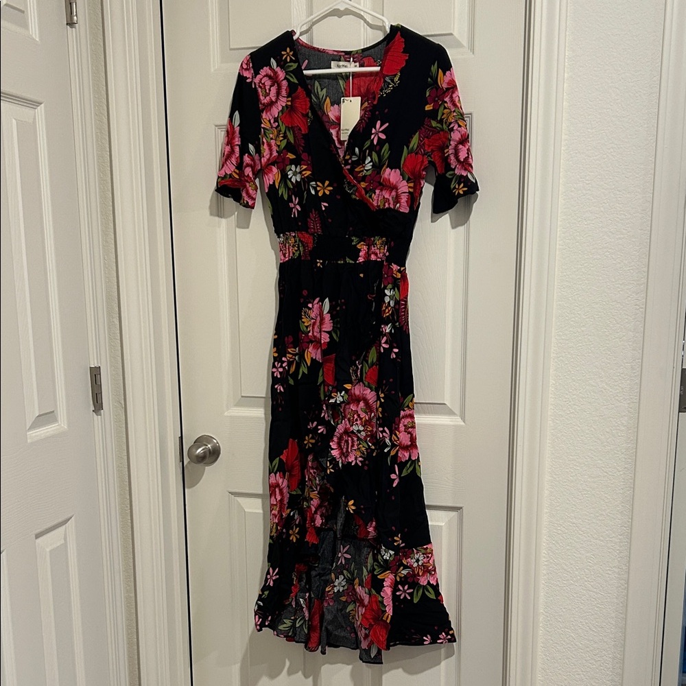 Floral Black and Pink Wrap Dress